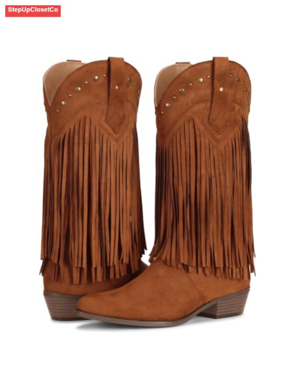 Faux Suede Fringe Cowboy Boots Mid Calf Chunky Heel Western Womens
